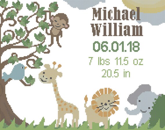 Jungle Baby Birth Cross Stitch Jungle Animal Cross Stitch ...