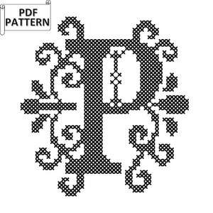 Patrón de punto de cruz contado con letra P ornamentada, gráfico de punto de cruz contado con una sola inicial y monograma moderno