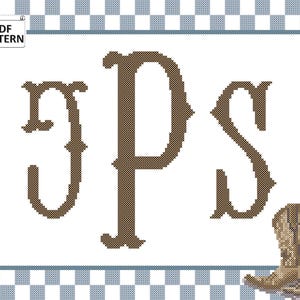 May include: A cross-stitch PDF pattern featuring the letters JPS in brown, with a cowboy boot graphic in the lower right corner. The design is set against a white background with a blue and white checkered border and the text "PDF PATTERN".