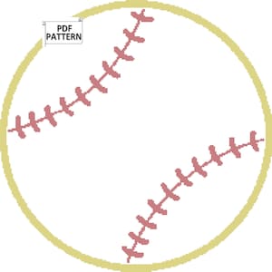 May include: A white baseball with red stitching and a yellow outline. The image includes the text "PDF PATTERN" in a small white box. This design is suitable for cross-stitch or other crafts.