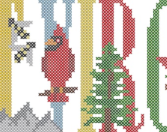 West Virginia State Travel PDF Cross Stitch Pattern - City, State, Country Name with coordinating pictures on each letter cross-stitch chart