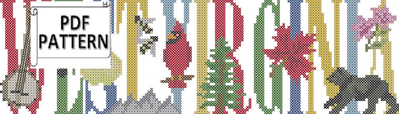 West Virginia State Travel PDF Cross Stitch Pattern City, State, Country Name with coordinating pictures on each letter cross-stitch chart image 1