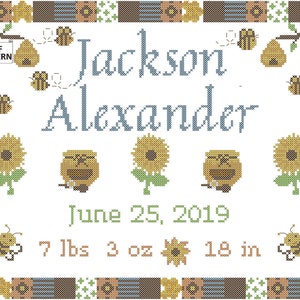 Bumble Bee Baby PDF Birth Record with Border, Modern baby counted cross stitch PDF pattern, Baby Bee Cross Stitch PDF Chart