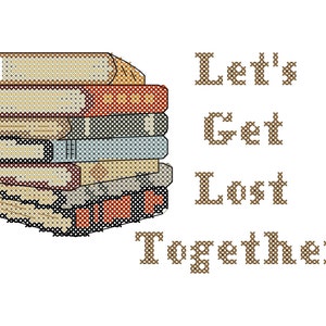 May include: A stack of books with a brown, white, and red cover. The text "Let's Get Lost Together" is written in brown letters below the books.