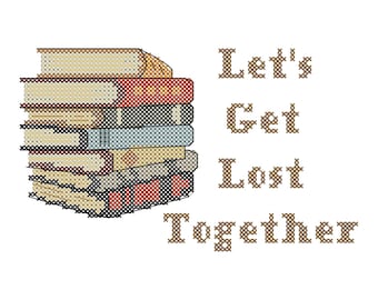 Library Books Cross Stitch PDF Pattern Let&#39;s Get Lost Together with Library Book Stack for Immediate Download, Modern Books Cross Stitch