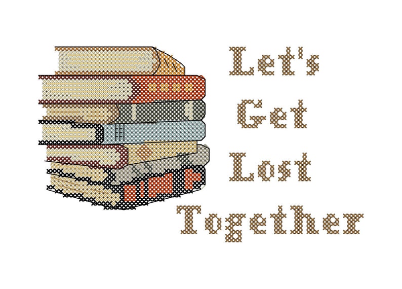 May include: A stack of books with a brown, white, and red cover. The text "Let's Get Lost Together" is written in brown letters below the books.