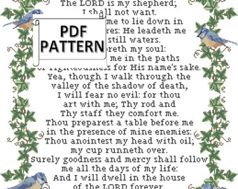 Psalm 23 1-6 KJV Bible Verse Counted Cross stitch PDF pattern with eastern blue birds and ivy vine border, religious cross stitch PDF chart