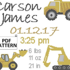 Big Work Machine Trucks Baby Boy Birth Record Cross Stitch PDF Pattern, Excavator, Dump Truck Cross Stitch Chart