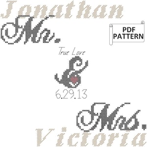 Mr. and Mrs. Wedding Counted Cross Stitch PDF Pattern, Modern Wedding Cross-Stitch Chart, Digital Counted Cross Stitch Pattern