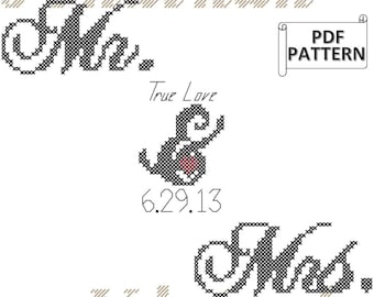 Mr. and Mrs. Wedding Counted Cross Stitch PDF Pattern, Modern Wedding Cross-Stitch Chart, Digital Counted Cross Stitch Pattern