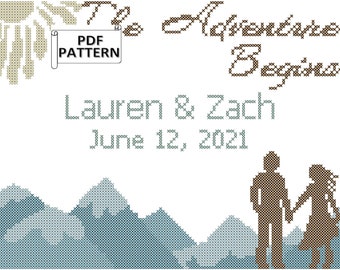 The Adventure Begins Mountains Modern Wedding Counted Cross Stitch PDF pattern personalized for you, Modern Outdoor Mountain Wedding xStitch