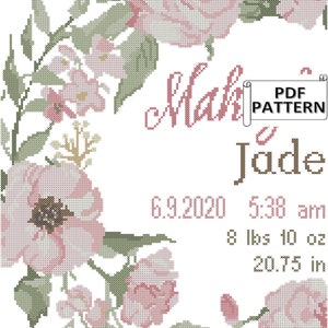 Roses Spray Modern Baby Birth Record Counted Cross stitch PDF chart personalização feita para você, rosas cross stitch chart, baby crosspoint