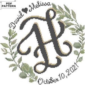 Elegant Flourish Single Letter Monogram with Leafy Circle Border Name and Wedding Date counted cross stitch PDF chart, Modern Monogram chart