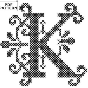 文字Kのクロスステッチパターン：モダンなモノグラムのイニシャル（PDFパターン）