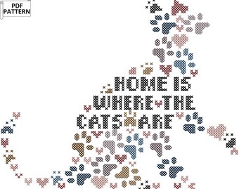 Cat Silhouette Cross Stitch Pattern: Paw Prints & Hearts (PDF Pattern)