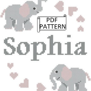 Baby Elephant Cross Stitch Pdf Chart with Name and Hearts, Baby Name Cross Stitch Pdf Chart, Elephant Cross Stitch Pdf Chart, Quick Baby DIY