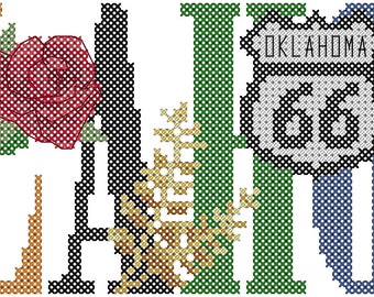 State of Oklahoma Vacation Home Counted Cross Stitch PDF pattern for Immediate Download, What Oklahoma is Famous for, Oklahoma Cross stitch