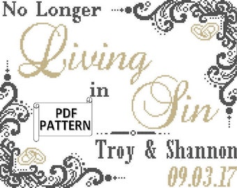 Modern wedding cross stitch PDF pattern, No longer living in sin counted cross stitch pdf chart, elegant wedding cross stitch pattern