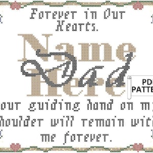 May include: Cross stitch pattern for a memorial with the text "Forever in Our Hearts. Name Here. Your guiding hand on my shoulder will remain with me forever."