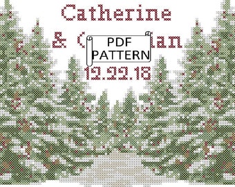 Winter Wedding Pine Tree Cross-Stitch PDF Pattern, Winter Wedding Record Cross-Stitch PDF Chart, Winter pine trees cross stitch pdf pattern