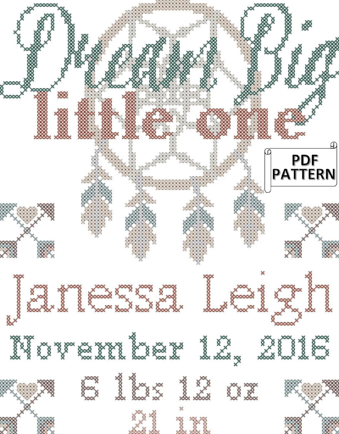 Boho Baby Dreamcatcher Birth Record Counted Cross Stitch Pdf Etsy