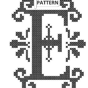 Gráfico de punto de cruz contado de letra E para descarga inmediata, monograma inicial único de punto de cruz moderno, patrón de punto de cruz inicial elegante