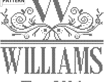 Modern Monogram PDF cross stitch pattern with Large Initial, Last Name and decorative accents, Modern counted cross stitch pattern