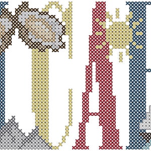 May include: Cross-stitch pattern for a colorful design featuring the word "NORTH CAROLINA" with various state symbols, including a cardinal, a bear, a mountain range, a sailboat, a bridge, a turtle, and a lighthouse.