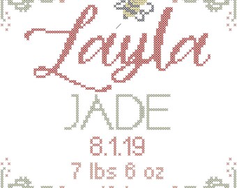 Modern Baby Girl Cross Stitch Pattern: Flowers, Bumble Bee (PDF Pattern)