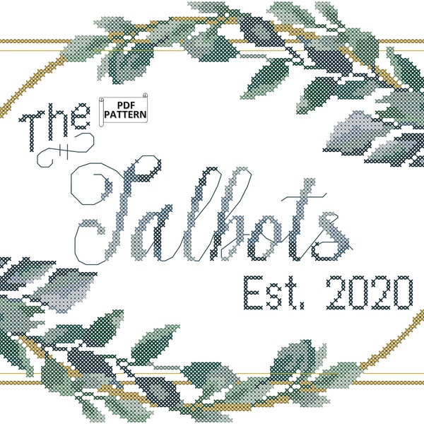 Family Name Water Color Leaves Greenery Oval Frame Wedding Counted Cross Stitch PDF Pattern, Eucalyptus Leaves, Greenery, Foliage Wedding