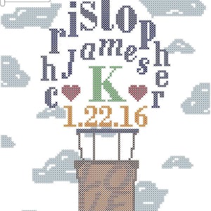Modern baby cross stitch pdf pattern, Hot Air balloon baby cross stitch, cute hot air balloon baby birth record cross stitch pdf chart