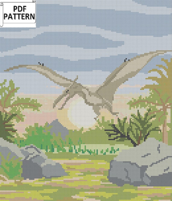 プテロダクティルス先史時代の恐竜のクロスステッチのPDFチャートは