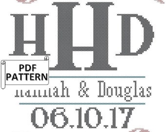 Seashell Border Modern Monogram Wedding Cross Stitch PDF Pattern, beach monogram cross stitch pattern, monogram cross stitch chart