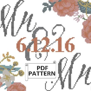 Mr & Mrs Wedding Cross Stitch PDF Pattern with Modern Florals, Modern Wedding Cross Stitch Pattern, Numbers included to personalize yourself