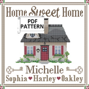 Home Sweet Home with Cute Cottage House and Family Names with Border Counted Cross Stitch PDF Pattern for Digital Download sent via email