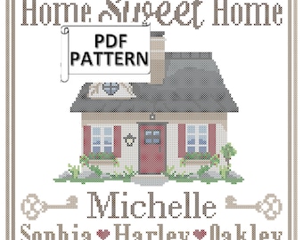 Cottage Home Sweet Home counted Cross Stitch Pattern with Names (PDF chart)