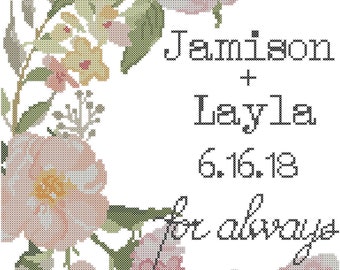 Modern Wedding Cross Stitch With Floral Rose Spray For Always, Names and Date