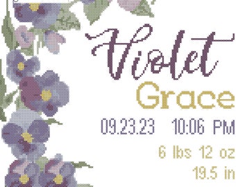 Violet Flowers Baby Birth Record with Name Date and Stats, PDF Counted cross stitch pattern, Violets counted cross stitch chart