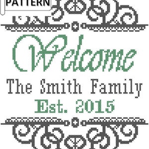 Modern Welcome Cross Stitch PDF Pattern with Family Name and Established Date, Welcome Entry Cross Stitch PDF Pattern, Modern Welcome stitch