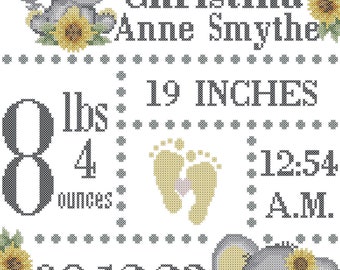 Sunflower Elephant Baby Birth Record Counted Cross Stitch PDF chart only sent via email