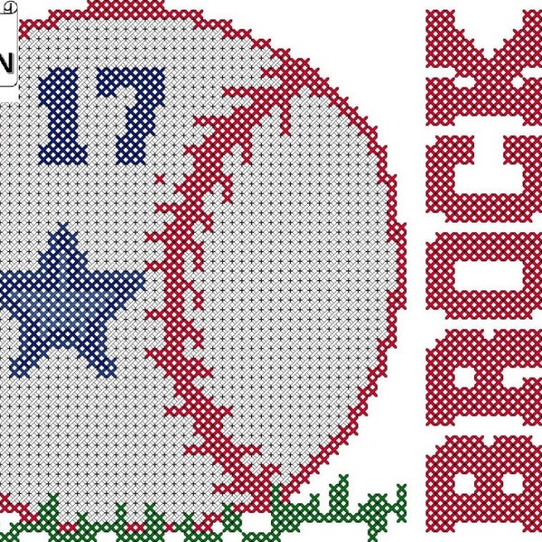 Baseball with Name and Number Counted Cross Stitch PDF Chart, Sports Counted Cross Stitch PDF Chart, Modern Baseball Cross Stitch