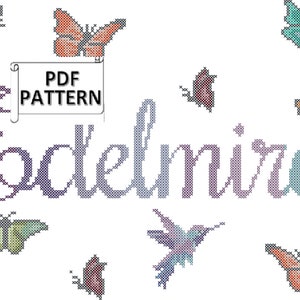 Butterflies and hummingbird with Ombre Name Counted Cross Stitch PDF pattern, butterfly and hummingbird cross stitch chart, digital download image 1