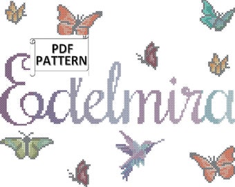 Butterflies and hummingbird with Ombre Name Counted Cross Stitch PDF pattern, butterfly and hummingbird cross stitch chart, digital download