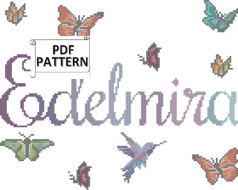 Butterflies and hummingbird with Ombre Name Counted Cross Stitch PDF pattern, butterfly and hummingbird cross stitch chart, digital download image 1