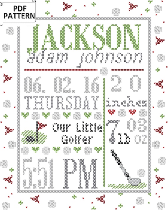 Golf Baby Birth Record Counted Cross Stitch PDF Pattern Golf Etsy