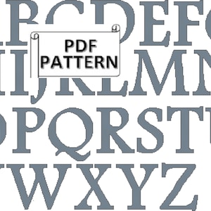 May include: A complete alphabet in a serif font, in a muted blue-gray color. The letters are arranged in rows, with a small scroll graphic containing the text "PDF PATTERN" in the center. Ideal for crafting projects.