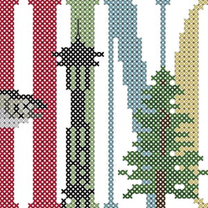 May include: A cross-stitch pattern featuring the word "WASHINGTON" with various icons representing the state, including a cherry blossom, a mountain, a tree, and a space shuttle. The pattern is available as a PDF download.