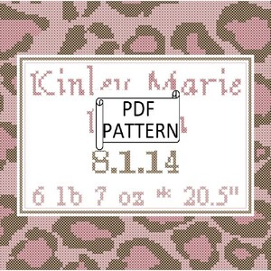 Schema PDF per punto croce con stampa leopardata della cameretta dei bambini con stampa leopardata. Modello PDF per punto croce della registrazione della nascita del bambino