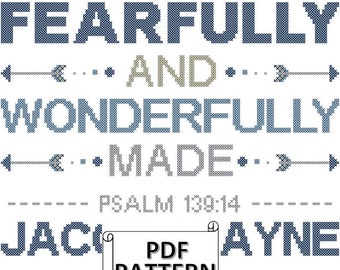 Fearfully and Wonderfully Made Psalm 139:14 Modern Baby Birth Record Cross Stitch Chart, Religious Baby Birth Record Cross Stitch Chart