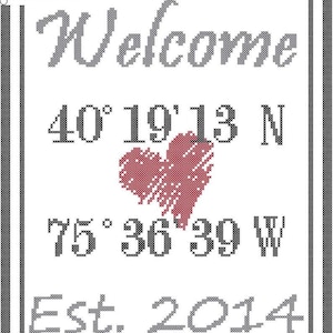 Puede incluir: Señal de bienvenida con texto gris y un corazón rojo. La señal incluye las coordenadas 40° 19' 13" N 75° 36' 39" W y el texto "Est. 2014".